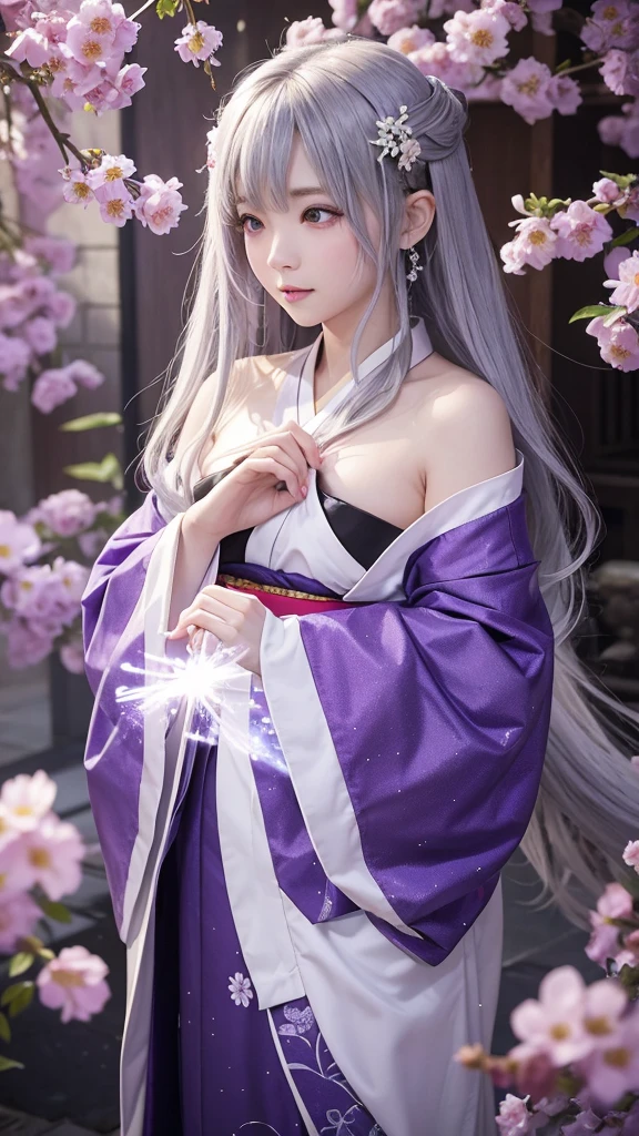 Shrine maiden、Full body facing forward、Look forward、Upper body only、Fantasy、Sparkle Effect, mysterious、Silver Hair Clasping hands、Half Up、High resolution, Flower pattern kimono、Low exposure、Background Purple