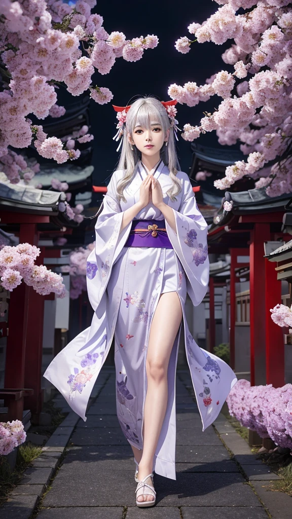 Shrine maiden、Full body facing forward、Look forward、Upper body only、Fantasy、Sparkle Effect, mysterious、Silver Hair　Clasping hands、Half Up、High resolution, Flower pattern kimono、Low exposure、Background Purple


