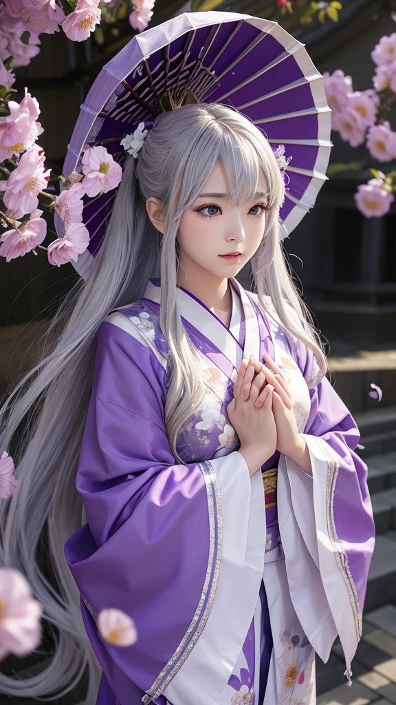 Shrine maiden、Full body facing forward、Look forward、Upper body only、Fantasy、Sparkle Effect, mysterious、Silver Hair　Clasping hands、Half Up、High resolution, Flower pattern kimono、Low exposure、Background Purple


