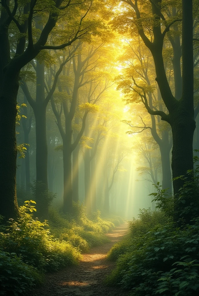 **Bright Forests:** Trees with leaves emitting a soft golden light, creating an ethereal and enchanted atmosphere.