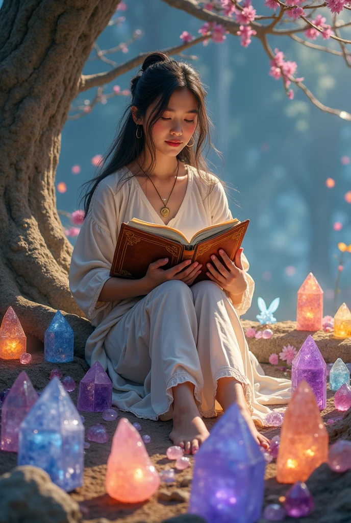 Imagine an ethereal fantasy landscape filled with a myriad of colors pastel. In this serene scene, a person of Asian descent, with long flowing hair, is sitting under a giant, ancient tree. They are deeply involved in an act of crystal journaling. A wide array of radiant, exquisitely detailed healing crystals of diverse hues such as rose quartz, amethyst, and citrine are arranged into a circular pattern around them. The person, wearing lightweight, flowing clothes, holds an old, leather-bound journal in which they record their observations, thoughts, and feelings. The vibrant and soothing energies of the crystals merge with this person's aura, creating a mystical synergy. Ethereal creatures like glowing fairies and wisps gently float around illuminating this sacred space.