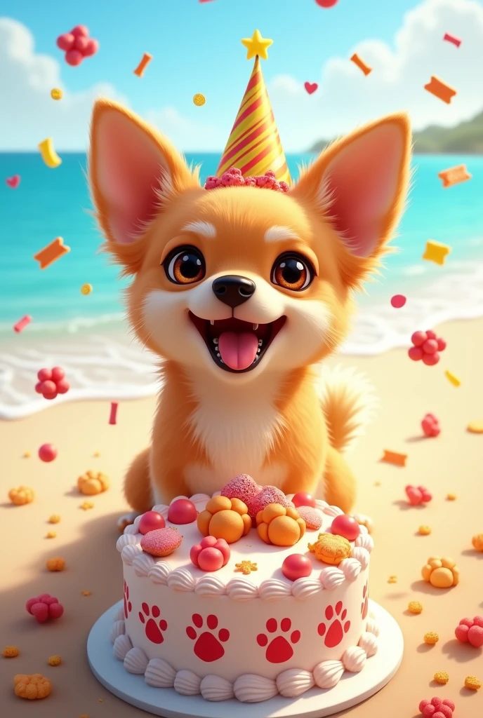 A  chihuahua dog with long honey colored hair and honey colored eyes celebrating his birthday on the beach with confetti bones and cake 