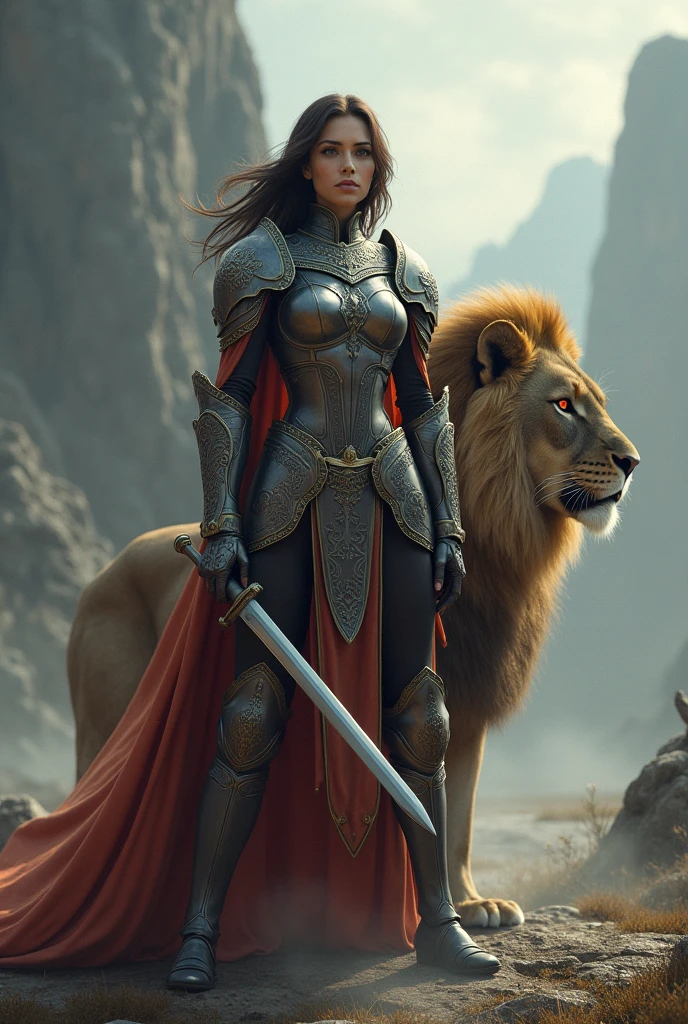 Woman with sword and lion behind her