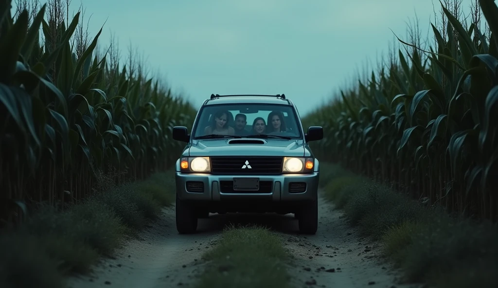 illustration of a dirt road in a cornfield, where mysterious and dark things happen,there is a group of friends passing by in a car,This car is a Mitsubishi Pajero, They're too scared, use dark and somber tones, make an image to convey fear, extremely detaild, photoshot_\( ultra\), photoshotrealisitic, realisitic, Post-processing, Maximum details, roughness, real-life, ultrarealisitic, photoshotrealism, photoshotgraphy, 8k hd, photoshotgraphy