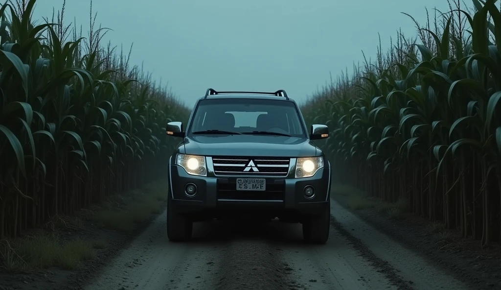 illustration of a dirt road in a cornfield, where mysterious and dark things happen,there is a group of friends passing by in a car,This car is a Mitsubishi Pajero, They're too scared, use dark and somber tones, make an image to convey fear, extremely detaild, photoshot_\( ultra\), photoshotrealisitic, realisitic, Post-processing, Maximum details, roughness, real-life, ultrarealisitic, photoshotrealism, photoshotgraphy, 8k hd, photoshotgraphy