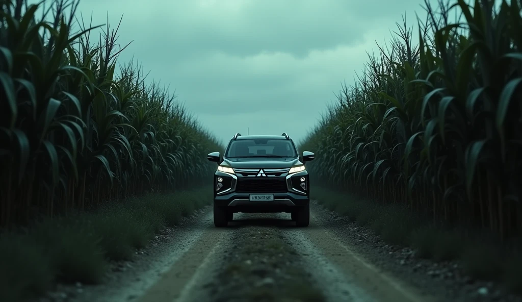 illustration of a dirt road in a cornfield, where mysterious and dark things happen,there is a group of friends passing by in a car,This car is a Mitsubishi Pajero, They're too scared, use dark and somber tones, make an image to convey fear, extremely detaild, photoshot_\( ultra\), photoshotrealisitic, realisitic, Post-processing, Maximum details, roughness, real-life, ultrarealisitic, photoshotrealism, photoshotgraphy, 8k hd, photoshotgraphy