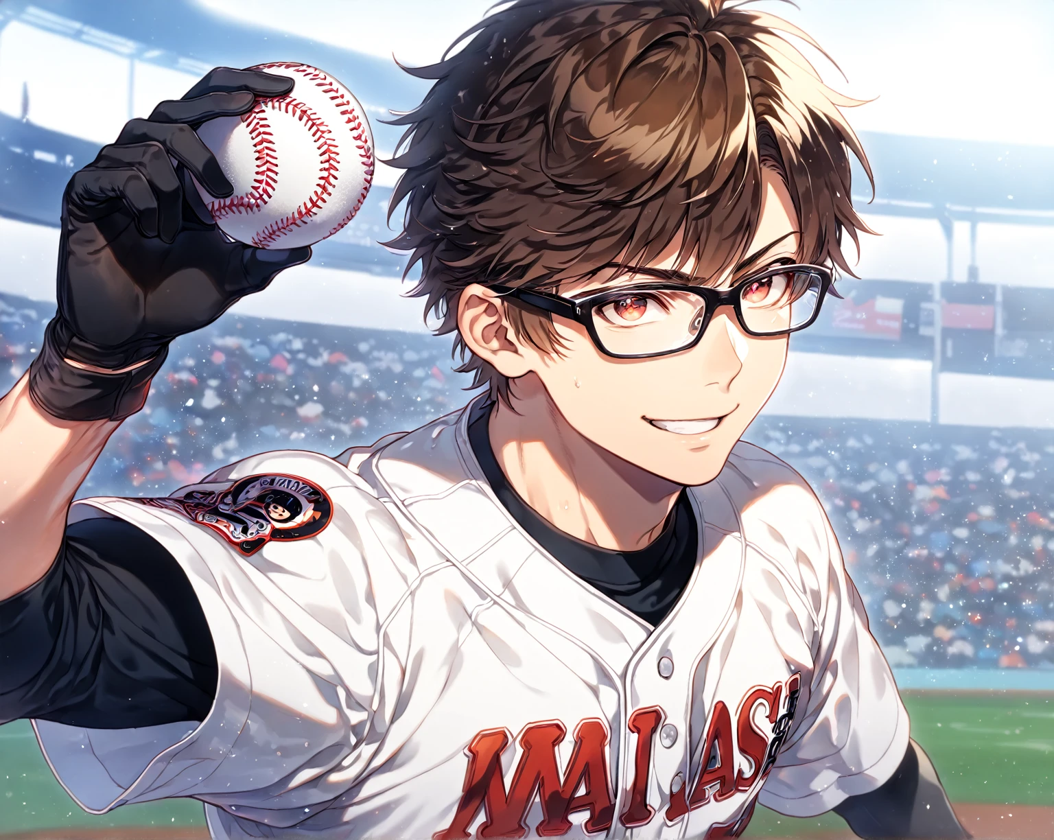 absurdres, highres, ultra detailed, HDR, master piece, Miyuki Kazuya, brown hair, expressive amber eyes, black glasses, white baseball uniform, Diamond No Ace, sexy man, handsome, best quality, fantasy, magical, solo, sensual, stadium, blue sky, handsome smile, manly man, black gloves, holding a baseball ball