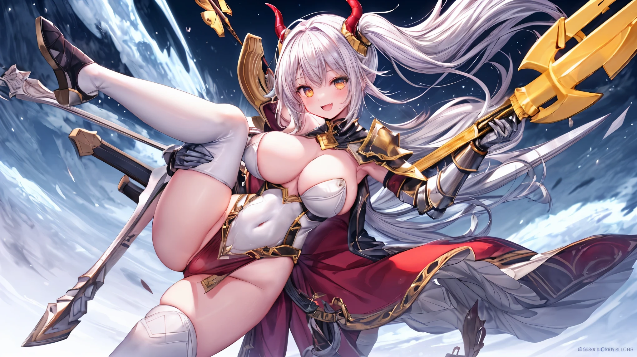 fantasy, 1devil_girl, low_, platina_blond_hair,long_bangs, bare_shoulder, navel out, thighhighs,silver_armor, red_leotard,waist_armor, Glebe, hold_swords, large_tits, dynamic_floating_pose,Floating,(pelvic_curtain:1.3), silver_Headgear ,looking_down_at_sunrise_city_sky_background,,slightly_spread_legs,solo,horn ,smile,,open_legs,open_arms,rise_knee,rise_leg,rise_thigh,rise_leg,apart_legs,fang,Shiny_gold_eyes,crotch