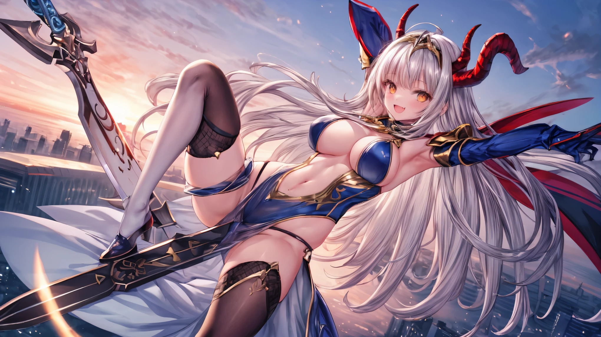 fantasy, 1devil_girl, low_, platina_blond_hair,long_bangs, bare_shoulder, navel out, thighhighs,silver_armor, red_leotard,waist_armor, Glebe, hold_swords, large_tits, dynamic_floating_pose,Floating,(pelvic_curtain:1.3), silver_Headgear ,looking_down_at_sunrise_city_sky_background,,slightly_spread_legs,solo,horn ,smile,,open_legs,open_arms,rise_knee,rise_leg,rise_thigh,rise_leg,apart_legs,fang,Shiny_gold_eyes,crotch