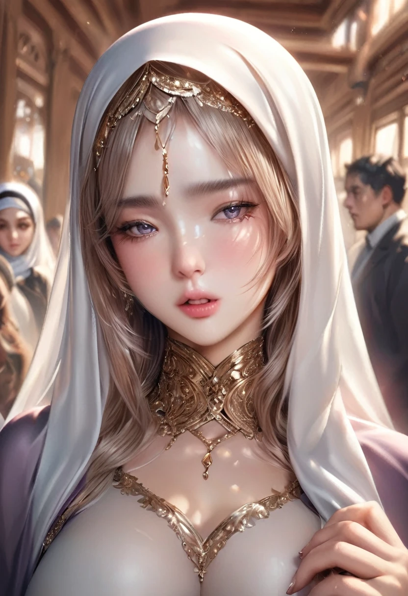 .masterpiece:1.2, best quality), realistic, (real picture, intricate details, depth of field), (1girl, solo), make up, parted lips, highly-detailed, perfect face, (skindentation), glossy coral lips, (A girl wearing full hijab, Islamic clothes), blushing, Raiden baal (Raiden shougn) from genshin impact,high-detailed hands,