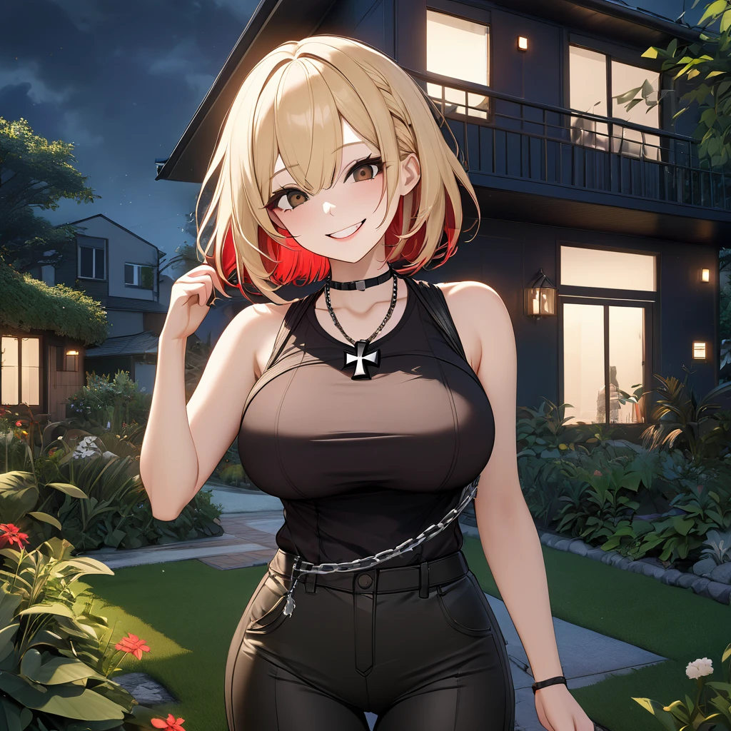 A woman wearing a white sleeveless shirt, casual black pants, pants with a chain, an iron cross around her neck, standing posture, big breasts, blonde hair, short hair, red bangs in her hair, psychotic smile, evil smile, brown eyes, multi-colored hair, outside a modern house, garden around, place at night with lighting, wide garden view with trees and plants, perfect face, perfect smile, perfect lips, brown eyes, perfect eyes, (Azur_lane, KMS_Roon)UHD, masterpiece, textured skin, super detail, high quality, best quality, 8k, highres, accurate.
