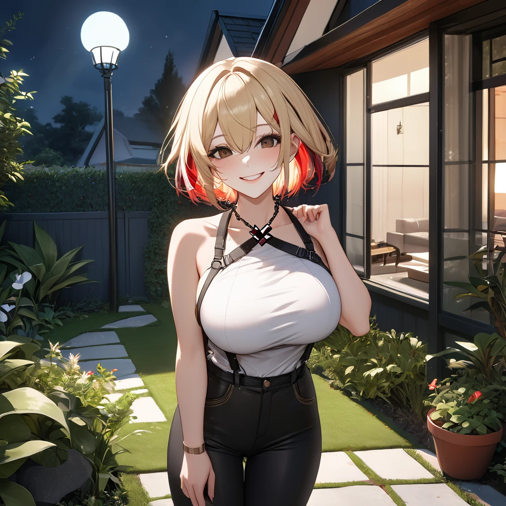 A woman wearing a white sleeveless shirt, casual black pants, pants with a chain, an iron cross around her neck, standing posture, big breasts, blonde hair, short hair, red bangs in her hair, psychotic smile, evil smile, brown eyes, multi-colored hair, outside a modern house, garden around, place at night with lighting, wide garden view with trees and plants, perfect face, perfect smile, perfect lips, brown eyes, perfect eyes, (Azur_lane, KMS_Roon)UHD, masterpiece, textured skin, super detail, high quality, best quality, 8k, highres, accurate.
