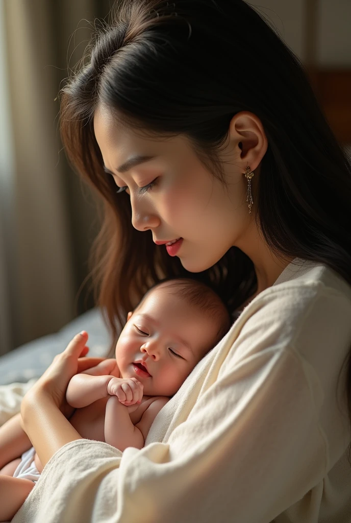 korean girl,feeding baby,detailed baby,ultra detailed,Best quality, 8k, 32k,detailed face,detailed eyes,bedroom background
