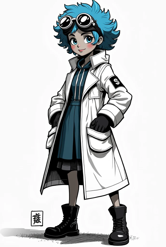 Monochrome Manga character design, playful scientist with short curly blue hair styled into dynamic shapes, rich dark skin tone adorned with expressive freckles, whimsical goggles perched atop her head, innovative scientist's coat dress with oversized pockets, sleek black gloves extending to her elbows, sturdy black boots fitting for adventurous exploration, vibrant inking style emphasizing bold outlines and intricate details, expressive pose suggesting curiosity and excitement, set against a fantastical backdrop inspired by the imaginative worlds of Sony Pictures Animation, compositions focusing on dynamic angles and exaggerated features typical of manga influences, high contrast with rich black and white shading creating depth and drama, manga-style panel layout inviting viewers into an animated narrative, capturing a lively motion that resonates with youthful energy, character embodies themes of diversity, intelligence, and creativity, visually striking yet approachable, eye-catching and relatable portrayal designed to engage and inspire audiences.
