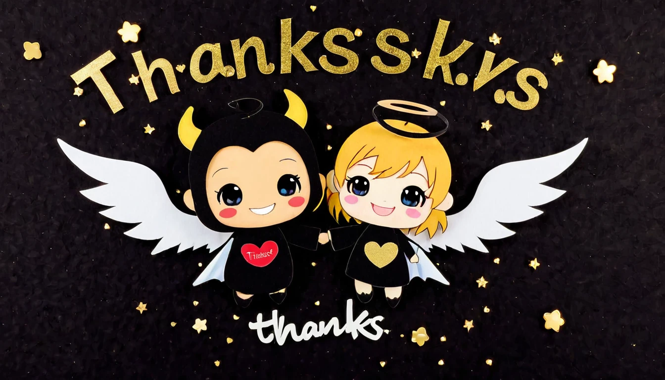 chibi, kawaii, cute, a devil with a wicked smile and an angel with a kind smile, with the word "Thanks" written between them, background black construction paper, golden hearts and shooting stars scattered all over