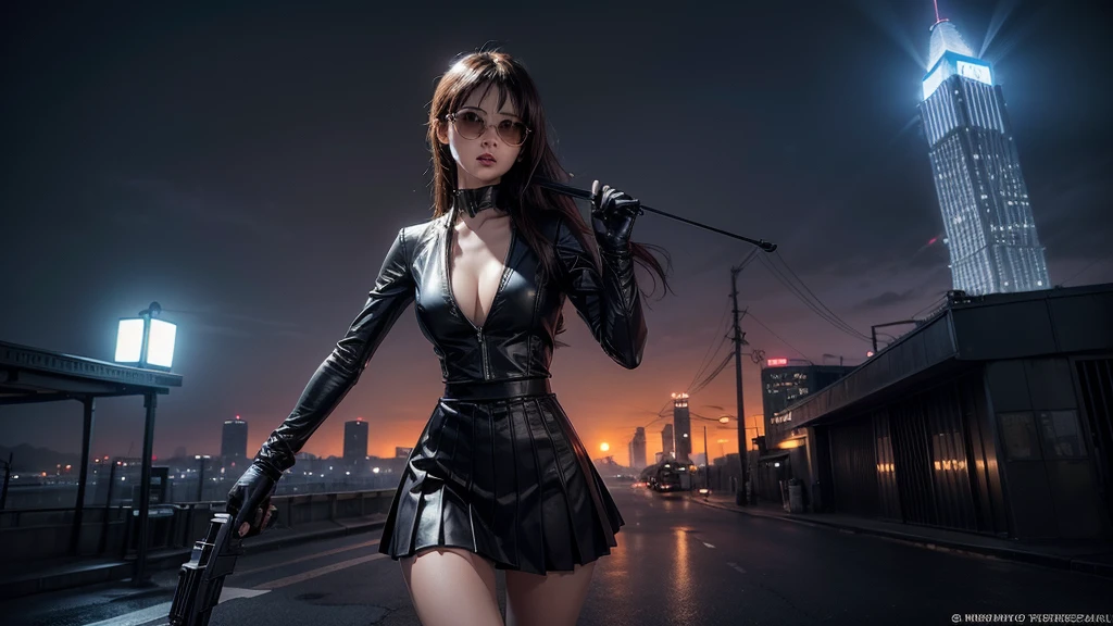 (Wide angle view). City Hunter style city, simple outlined neon tall buildings, glowing giant clock tower, helicopter, lightning, 3D rendering Beeple. At night, (1 girl as Kaori in City Hunter, solo, alone), photorealistic, medium-breast slim:0.6 body, oval:0.5 face, cleavage:1.1, sexy costume with deep-v, low view pleated miniskirt, glove, (Matrix style black micro sunglasses), ((aiming viewer with a short gun)), (running pose), (half-body thigh level close-up shot), cinematic lighting, ray tracing.