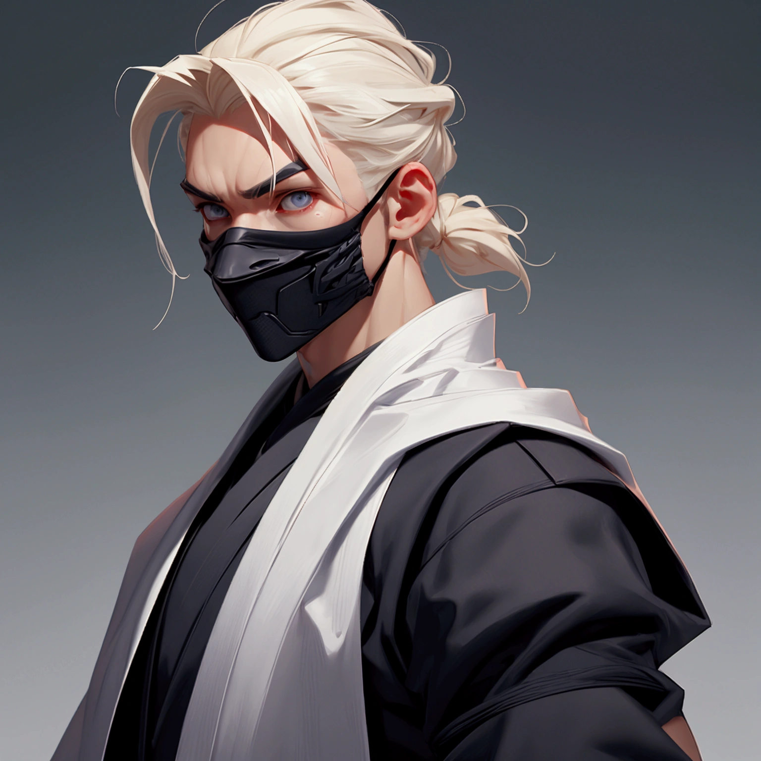 envision a 8k, highres, semi realistic cinematic close up portrait of a soft ninja man with a slender muscular body, clean shaved, sleek pale blonde hair, and pale blonde eyes, pale ninja robes, ninja armor, mortal kombat ninja mask, half face mask, against a dark gray background
