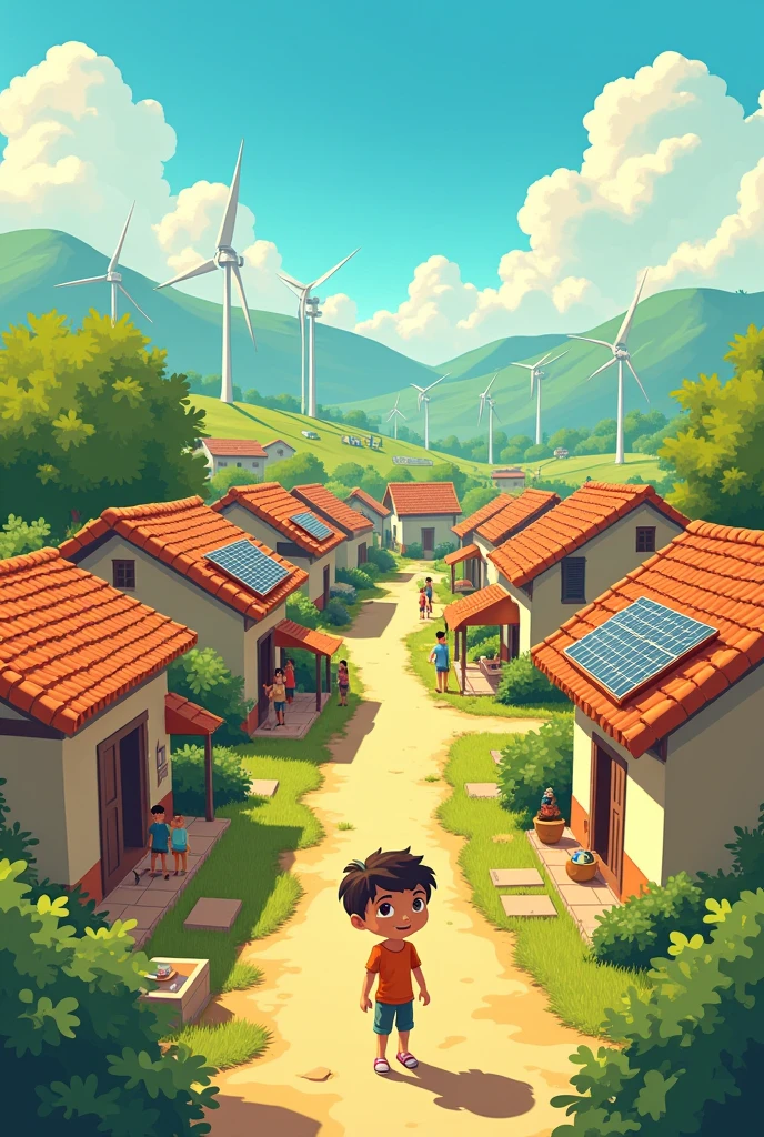 Page 1: Introduction and Conflict Cartoon 1: Panoramic view of the village of Energétika.
text at the top: "In a remote town called Energétika, Everyone lived happily thanks to solar and wind energy."
illustration: A sunny village with solar panels and wind turbines.
Viñeta 2: Residents enjoying the sun and the wind.
Dialogue of an inhabitant: "How nice it is to live here! Energy never runs out!"
illustration: Smiling people, Children playing and families enjoying the outdoors.
Viñeta 3: Scene of energy waste.
Text at the bottom: "But soon, They began to waste energy."
illustration: A house with lights on, appliances working and cars on the road.
Viñeta 4: A child observes cars polluting.
Leo's Dialogue: "This can't go on like this! The power is running out!"
illustration: Leo, a curious child, looking worriedly at the cars.
Page 2: Development Vignette 1: Leo in his room, researching energy saving.
text at the top: "Leo decided to take action."
Leo's Dialogue: "I need to find solutions to save our energy!"
illustration: Leo surrounded by books and graphics about energy.
Viñeta 2: Leo talking to a group of residents.
Leo's Dialogue: "Friends! We should turn off unnecessary lights and use efficient light bulbs.."
illustration: I read in front of a group of adults, everyone listening attentively.
Viñeta 3: Residents listening to Leo with interest.
Dialogue of an inhabitant: "Good idea, Leo! What else can we do??"
illustration: A group of townspeople nodding and showing interest.
Viñeta 4: Leo suggests walking more.
Leo's Dialogue: "And we can also walk more instead of using cars.."
illustration: Leo pointing to a path with trees and flowers.
Page 3: Resolution Bullet 1: Scene of residents turning off lights and using energy efficient light bulbs.
text at the top: "The inhabitants of Energétika began to follow Leo's advice."
illustration: family