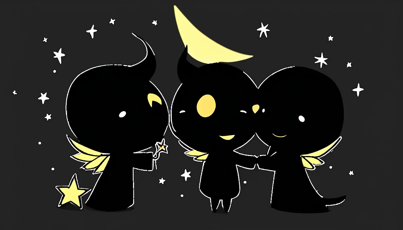 chibi, kawaii, cute, a devil with a wicked smile and an angel with a kind smile, with the word "Thanks" written between them, background black construction paper, golden hearts and shooting stars scattered all over