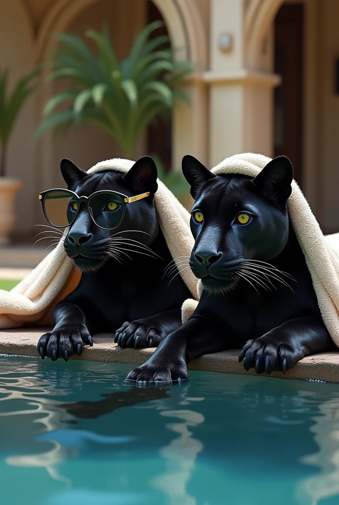 Hyper realistic image of two black panthers bathing in an old money pool with fancy glasses and towels on their heads