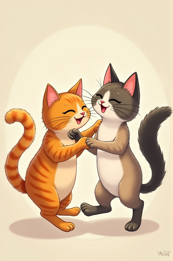 An orange cat and a Siamese cat dancing the Macarena
