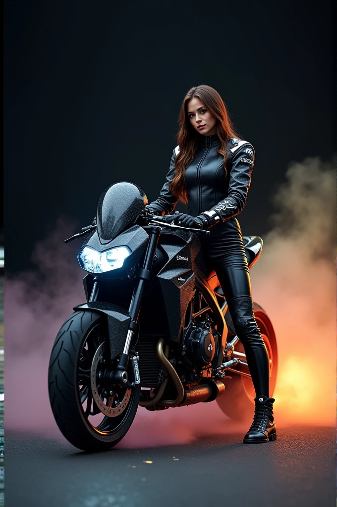 an elegant, monster-style modified sports motorbike with complicated and cool modifications in beside it is asexy model young german woman wearing a sexy racing suit, while holding a helmet facing the camera. on the road with subtle colorful gradient smoke effects. dark background