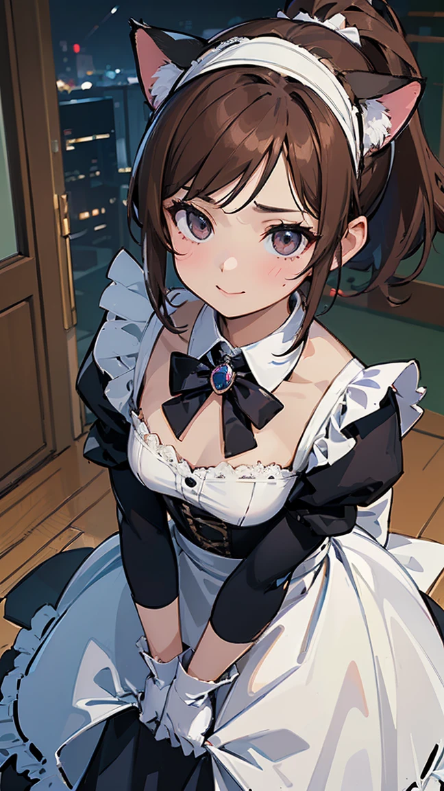 score_9, score_8_up, score_7_up, source_anime, 1girl, black eyes, room, wariza, medium hair, messy ponytail, dark brown hair, gradient hair, portrait, solo, Adult woman, best perfect anatomy, thin, curvy body, flat breasts, curvy body, close up shot on person, a woman showing embarrassment, shy face, blush, light smile, close up shot on person, pov_doorway, a woman showing his hand, mature woman standing poses, wear cat ear kitten headband, maid outfit, white format gloves, dynamic angle. perfect dynamic composition, foreshortening, dramatic shading, night days, volumetric lighting, hotel room background,