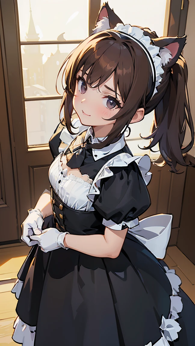 score_9, score_8_up, score_7_up, source_anime, 1girl, black eyes, room, wariza, medium hair, messy ponytail, dark brown hair, gradient hair, portrait, solo, Adult woman, best perfect anatomy, thin, curvy body, flat breasts, curvy body, close up shot on person, a woman showing embarrassment, shy face, blush, light smile, close up shot on person, pov_doorway, a woman showing his hand, mature woman standing poses, wear cat ear kitten headband, maid outfit, white format gloves, dynamic angle. perfect dynamic composition, foreshortening, dramatic shading, night days, volumetric lighting, hotel room background,
