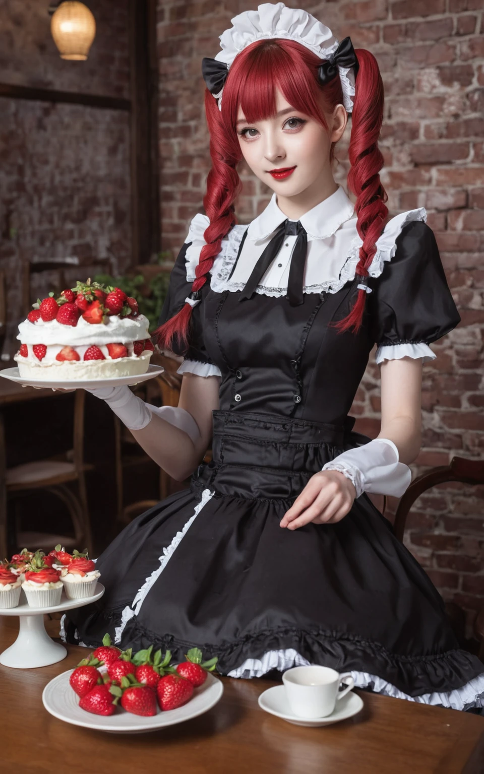 Promotional photo, the place is a coffee shop, 1 girl, 1 face, waitress carrying cake to the table, red-haired twin tails, gentle face, half costume of gothic lolita and maid costume with the image of strawberries, clothes based on white,