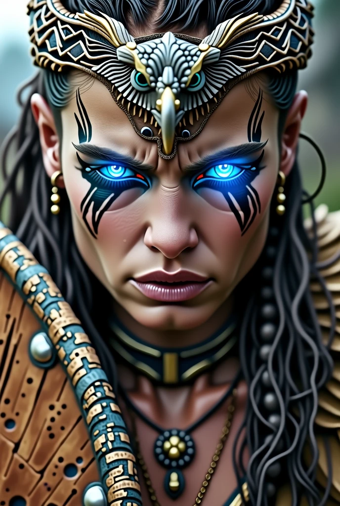 Close up face beautiful viking woman, wooden shield in hand , strong blue light in the eyes, eagle crown , tribal design on the eyes, Angry, bone ornaments on the neck, leather armor, focused