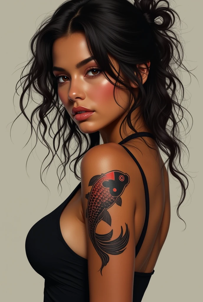 Morena girl, with big boobs, brown eyes, small eyes,and with a tattoo of koi fish make sure that the koi fish is 2 koi fish that looks like yin yang form and with the color of Black and the other one is Red below the shoulder and wavy hair. Please make the tattoo minimalist, make sure that the wavy hair is in hot messed or make the look Hot. Emphasize the Morena skin Tone
