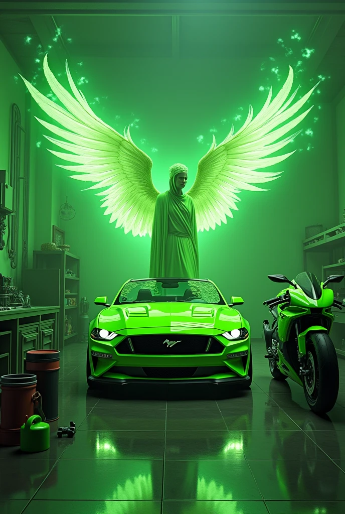 An image with a quartz green background, who owns a green car and a green motorcycle, some vehicle mechanic tools and you must have a green angel.