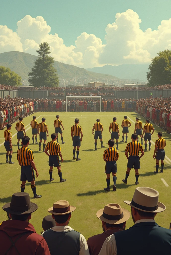 Football match on a field with not so much grass, surrounded by people of the time and a few trees in the late 1800s in Chile, between a team of English gentlemen in yellow and black shirts versus a team of fishermen and young Chileans