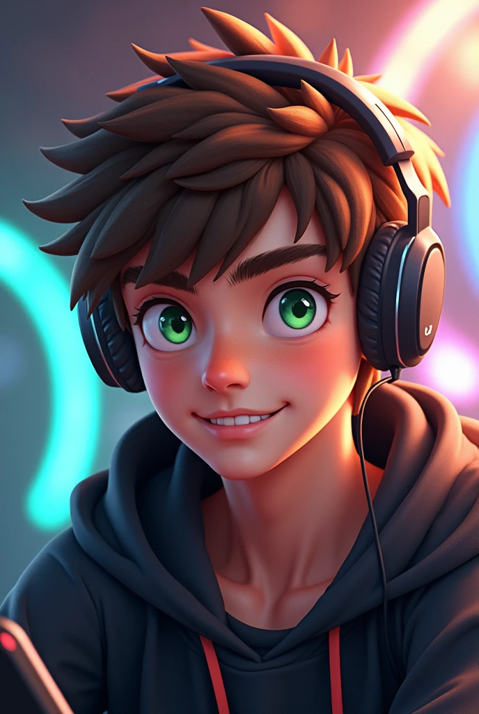 A character for a. YouTube gaming channel with short hair and green eyes male