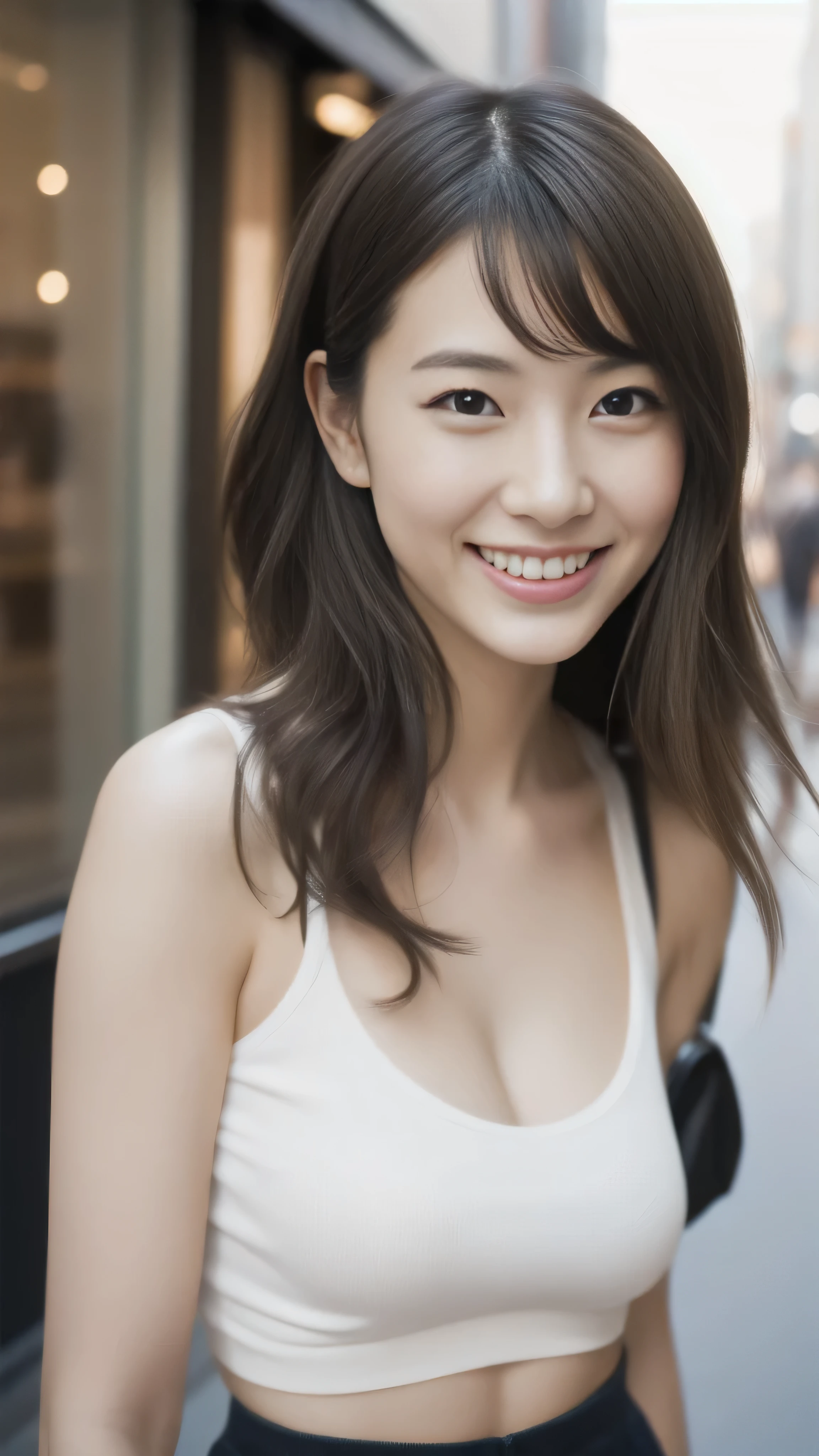 Hostess in Ginza、White tank top、high quality、Surreal、healthy、Smiling face、Slim and perfect figure、Japanese Beauty、Beautiful Eyes、Perfect Face、Beautiful Skin、bustling street