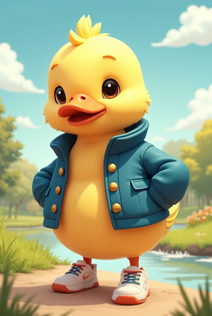 cute duck, in a jacket and sneakers