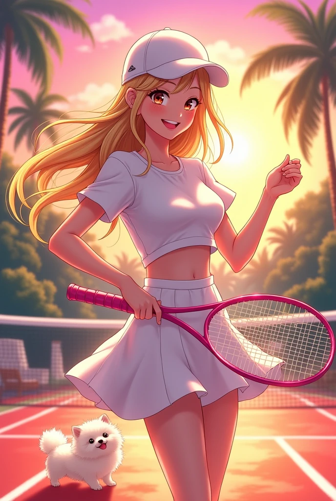 Anime-style masterpiece, radiant female tennis player with flowing golden blonde hair, sparkling hazel eyes filled with excitement, confident smile adorned with pink lipstick, delicate features radiating sweet beauty and kindness, dressed in vibrant tennis attire, modest yet stylish, pink racket gripped firmly, white cap perched atop her head, sunset casting golden hues across the sky, tropical paradise in the background with palm trees swaying gently, fluffy white pomsky dog playfully bouncing beside her, inviting others to join her in a game with an open gesture, fun and laughter filling the air, vibrant color palette blending warm oranges, soft pinks, and deep purples, enchanting atmosphere reflecting her breathtaking presence as an angel of the court, composition emphasizing joyful energy with flowing lines and curving motion, joyful expressions capturing the essence of a true winner, the letter A elegantly integrated into the background, harmonizing with the winning spirit of the character, anime illustration style with rich detailing and dynamic perspectives, capturing the essence of youthful exuberance and beauty in the world of sports.