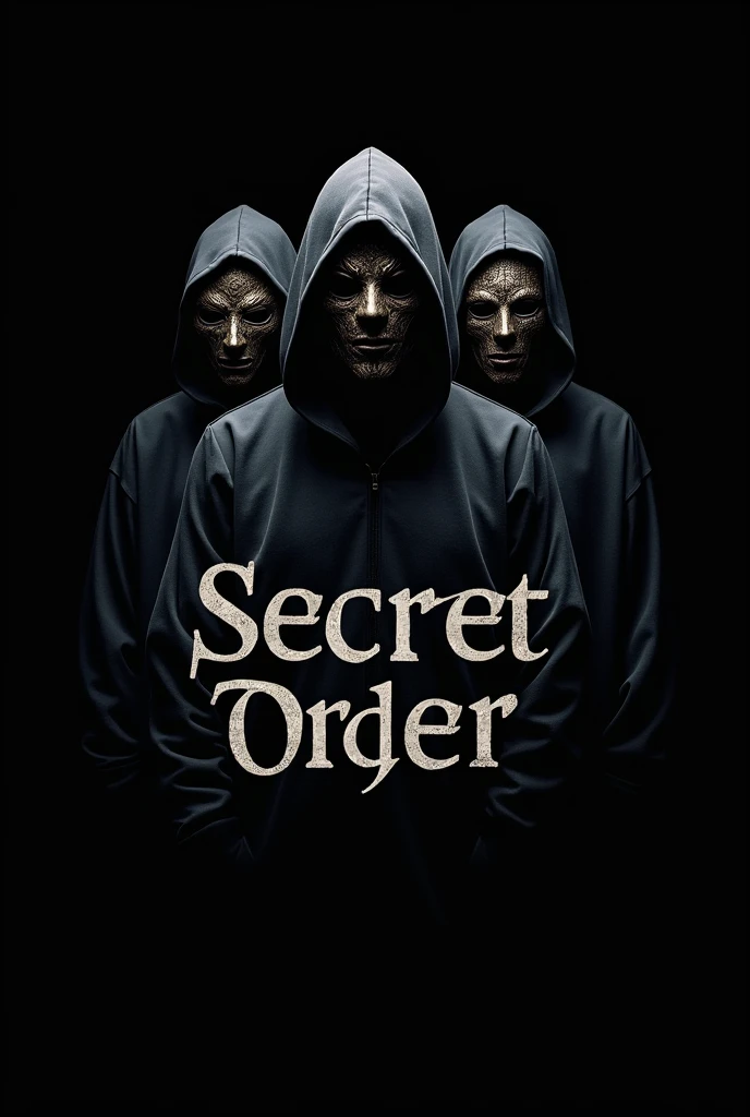Create a logo with the name SECRET ORDER with men and women in masks on a black background