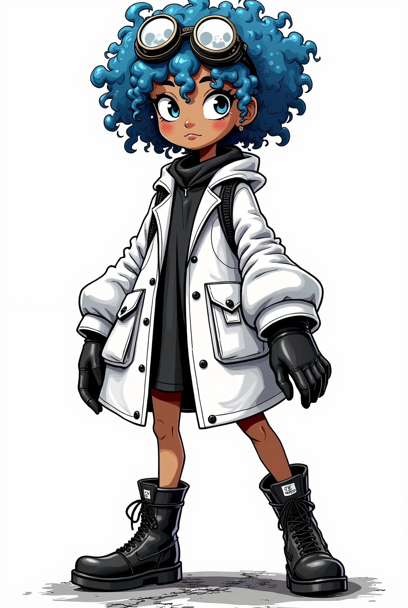 Monochrome Manga character design, playful scientist with short curly blue hair styled into dynamic shapes, rich dark skin tone adorned with expressive freckles, whimsical goggles perched atop her head, innovative scientist's coat dress with oversized pockets, sleek black gloves extending to her elbows, sturdy black boots fitting for adventurous exploration, vibrant inking style emphasizing bold outlines and intricate details, expressive pose suggesting curiosity and excitement, set against a fantastical backdrop inspired by the imaginative worlds of Sony Pictures Animation, compositions focusing on dynamic angles and exaggerated features typical of manga influences, high contrast with rich black and white shading creating depth and drama, manga-style panel layout inviting viewers into an animated narrative, capturing a lively motion that resonates with youthful energy, character embodies themes of diversity, intelligence, and creativity, visually striking yet approachable, eye-catching and relatable portrayal designed to engage and inspire audiences.