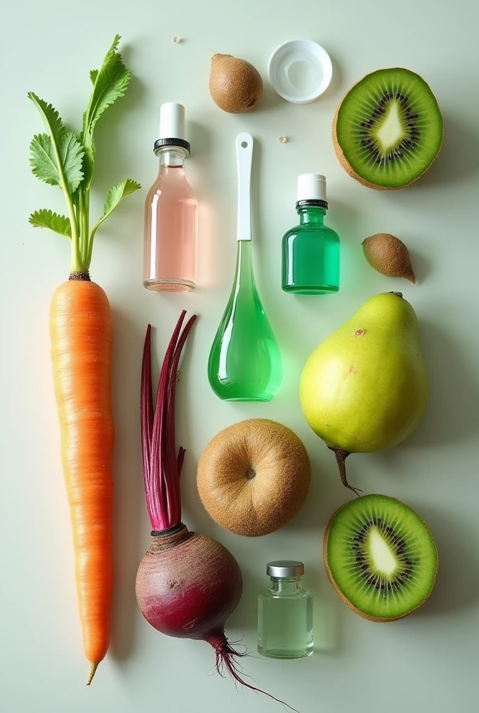ALL THESE MATERIALS IN A SINGLE IMAGE Carrot, pitahaya, kiwi, beet -Transparent glycerin -Alcohol -Essential oil -Green food coloring -Molds -Container -Spatula -Pot