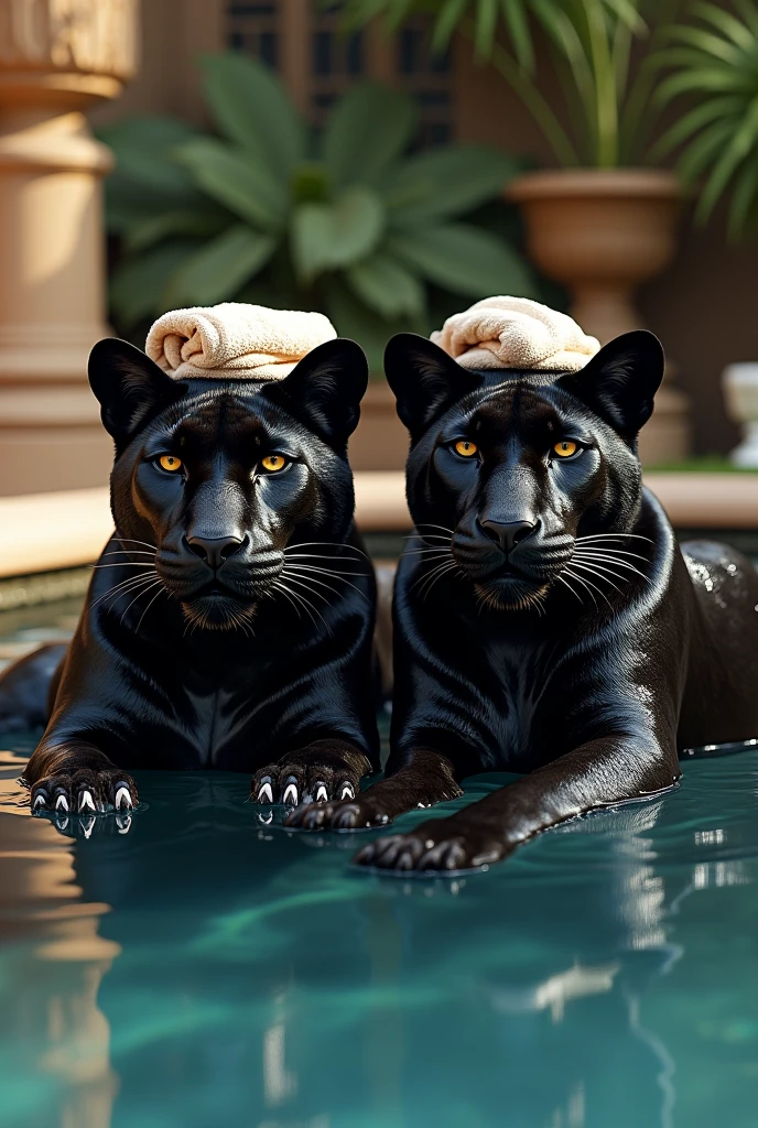 Hyperrealistic image of two black panthers bathing in an old money pool with elegant glasses and towels on their heads