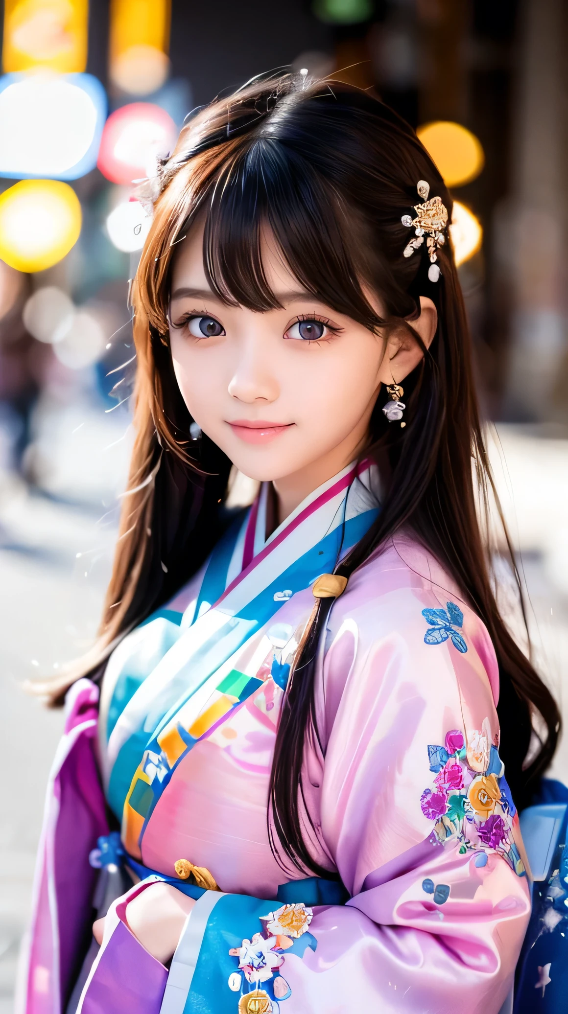 (Very beautiful cute girl), (very cute face:1.2),14 yo, (sparking crystal clear attractive large eyes), beautiful detailed eyes, Detailed double eyelids, (smiling), (realistic photograph:1.2), beautiful hanbok,Super shiny red yellow blue green pink purple colored hanbok,beautiful hanbok,costume traditionally worn by Korean women,Korea style,Brown hair, korean Chimajeogori, Costume lighting,in the street