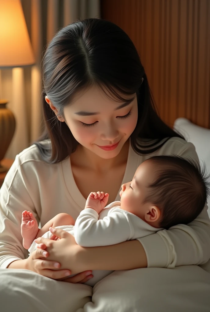 a korean girl feeding a baby, extremely detailed baby, ultra detailed, best quality, 8k, 32k, detailed face, detailed eyes, bedroom interior, soft lighting, warm colors, photorealistic