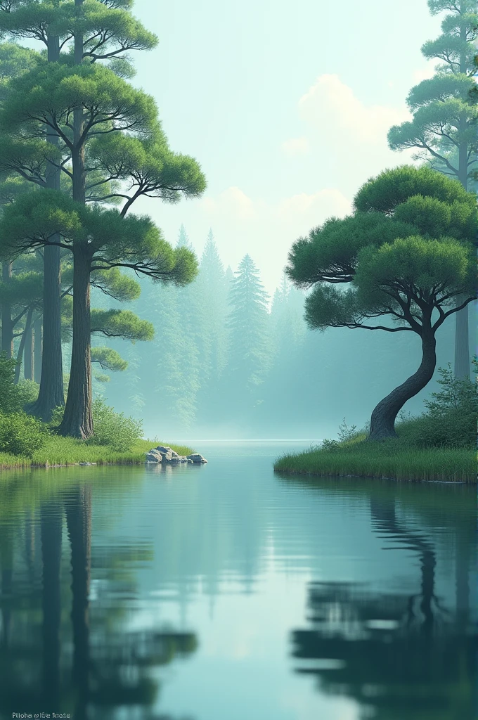 You create me an image where I have a lake on the right with pine trees in the background and on the edges on the left an ombu with short grass
