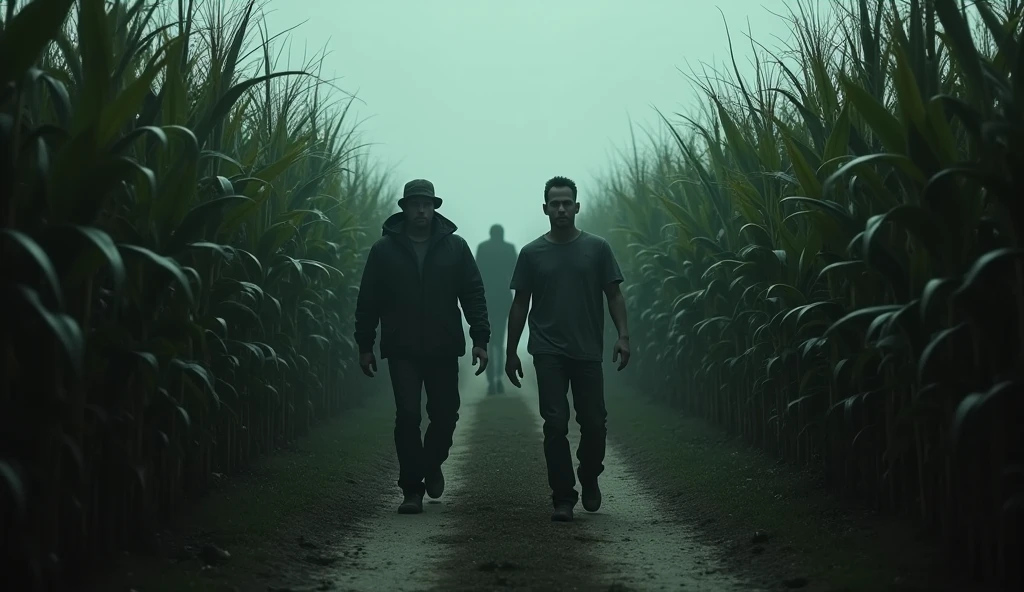 illustration of a dirt road in a cornfield, where mysterious and dark things happen,make a group of legend hunters explore the cornfield they are very scared, use dark and somber tones, make an image to convey fear, extremely detaild, photoshot_\( ultra\), photoshotrealisitic, realisitic, Post-processing, Maximum details, roughness, real-life, ultrarealisitic, photoshotrealism, photoshotgraphy, 8k hd, photoshotgraphy