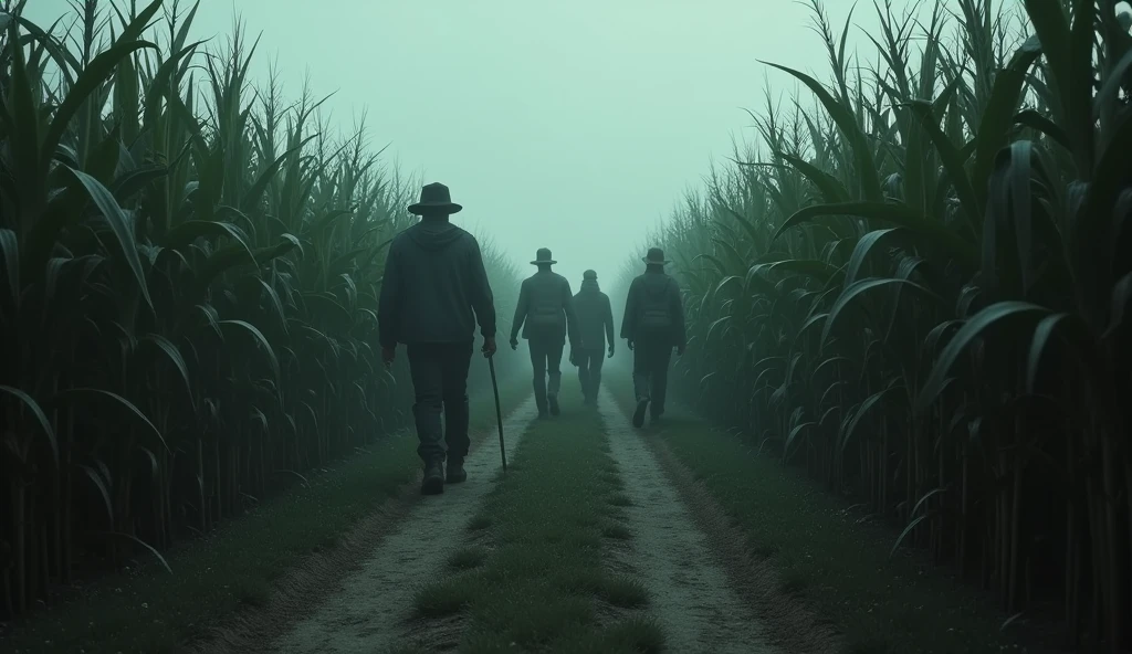illustration of a dirt road in a cornfield, where mysterious and dark things happen,make a group of legend hunters explore the cornfield they are very scared, use dark and somber tones, make an image to convey fear, extremely detaild, photoshot_\( ultra\), photoshotrealisitic, realisitic, Post-processing, Maximum details, roughness, real-life, ultrarealisitic, photoshotrealism, photoshotgraphy, 8k hd, photoshotgraphy