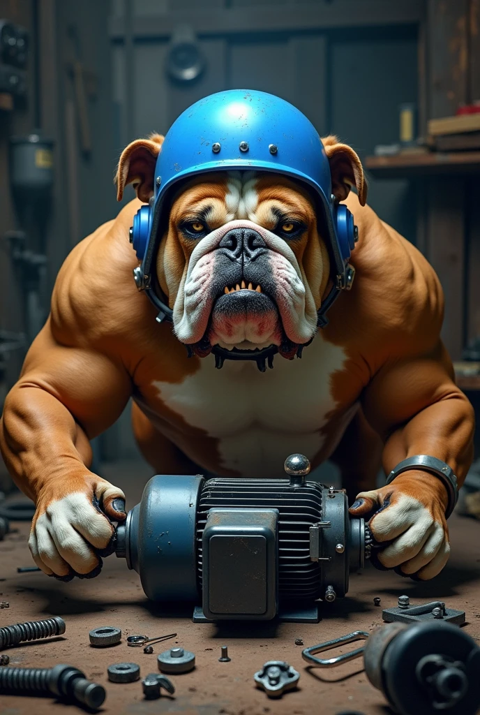 Angry bulldog dog with blue helmet taking apart an electric motor