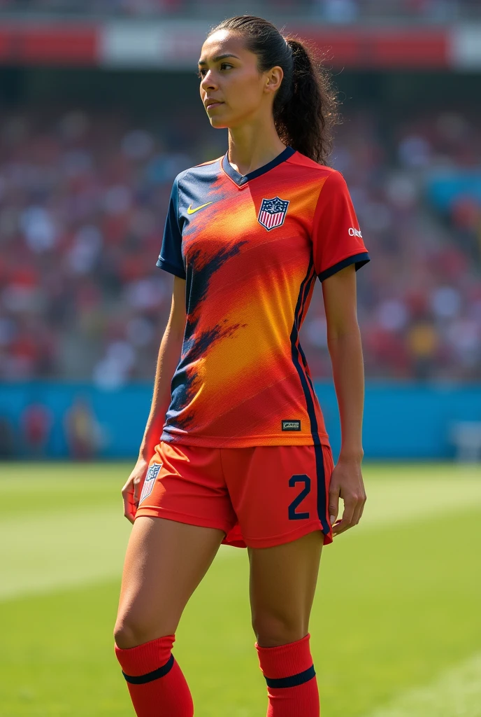 Create a women&#39;s soccer uniform with warm colors and the United States emblem
