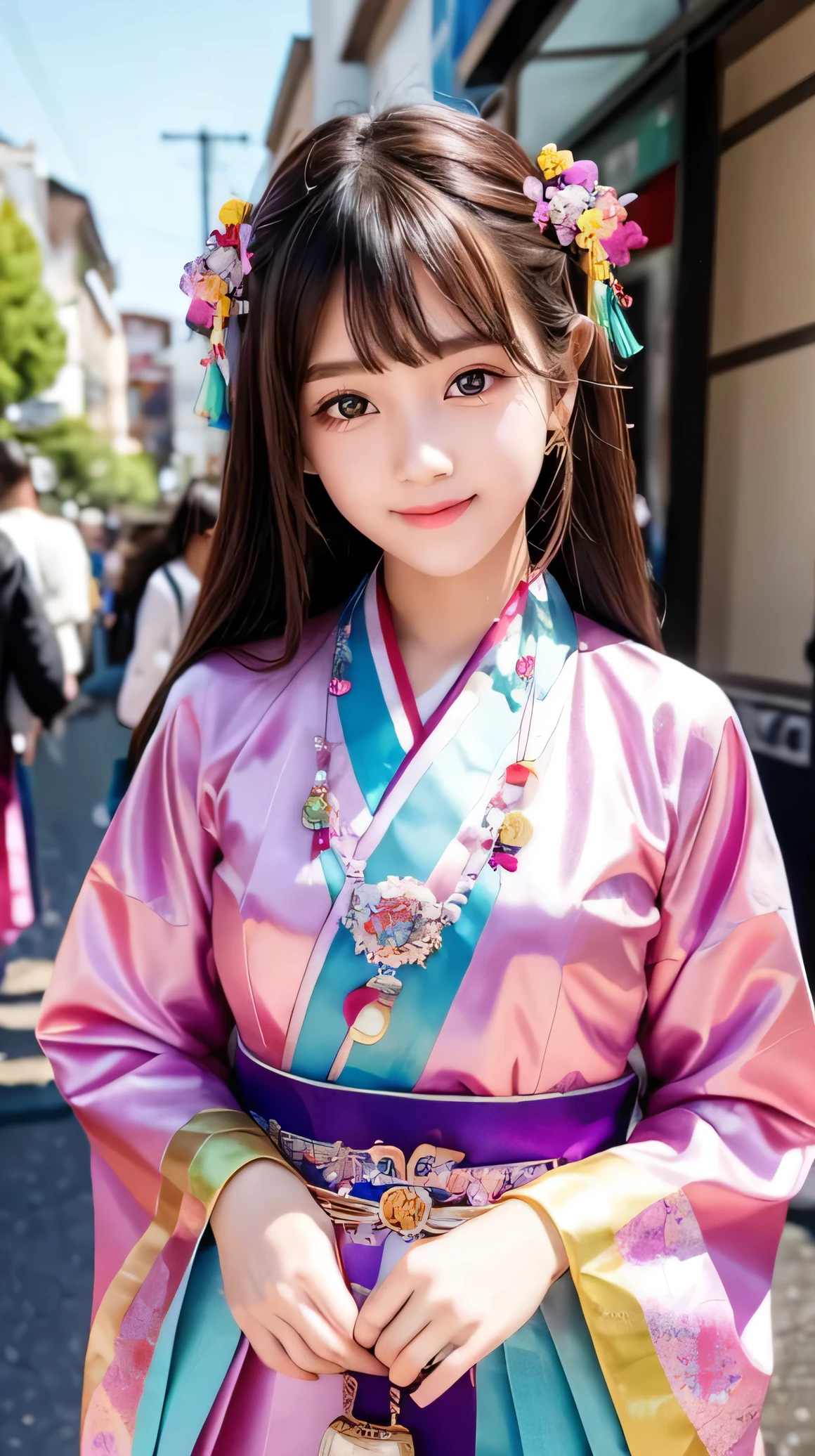 (Very beautiful  cute girl), (very  cute face:1.2),14 yo, (sparking crystal clear attractive large eyes), beautiful detailed eyes, Detailed double eyelids, (smiling), (realistic photograph:1.2), beautiful hanbok,Super shiny red yellow blue green pink purple colored hanbok,beautiful hanbok,costume traditionally worn by Korean women,Korea style,Brown hair, korean Chimajeogori, Costume lighting,in the street