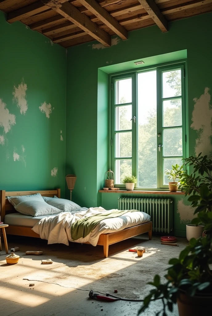 Create an image of a room with green walls under renovation with a bed next to an open window